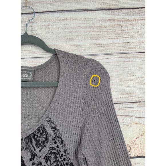 Vocal Embellished Fleur De Lis Print Thermal Shirt Womens Small Gray Waffle Knit - Picture 6 of 10
